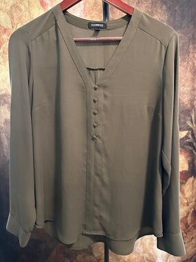 Express Olive V-Neck Button-Front Blouse